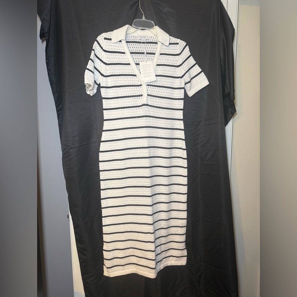 Seraphine Maternity Sz 6 Maxi Knit Dress Black White Stripe Open Weave NWT